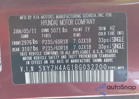 2011 Hyundai Santa Fe Se z USA, uszkodzony, nr VIN 5XYZH4AG1BG032200